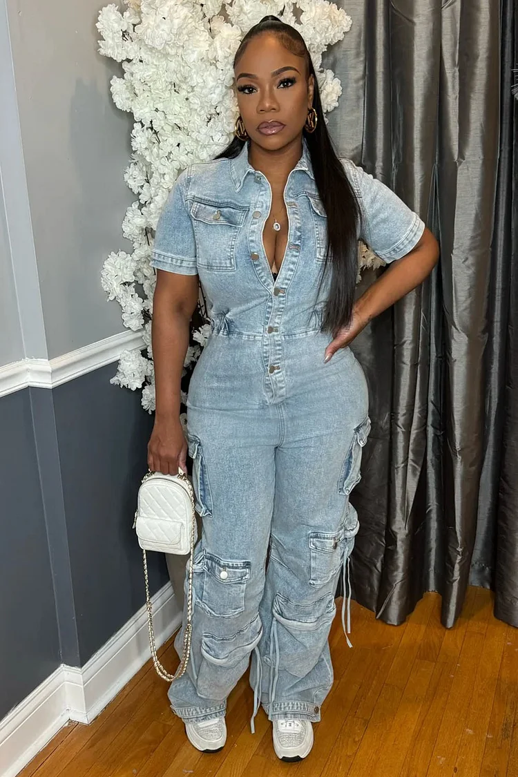 Short Sleeve Button Up Cargo Pocket Washed Denim Jumpsuit-Blue [Pre Order]