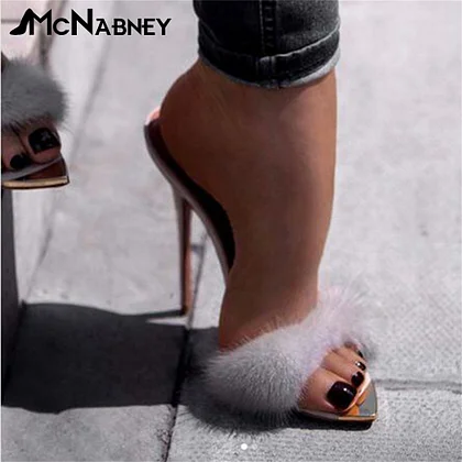 VCshoes Fur Pointed Toe Stiletto Slippers 12Cm High Heels Style Shoes Metal Toe Pointed Toe High Heels For Women