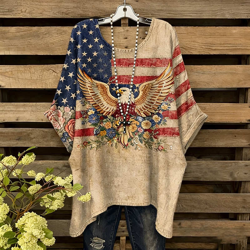 Women's Flag Eagle Art Memorial Print Casual T-shirt elevenforest