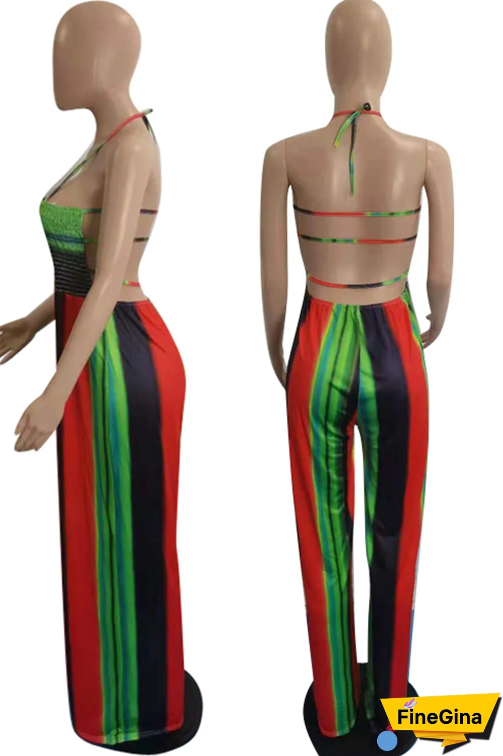 Pink Street Striped Draw String Halter Plus Size Jumpsuits