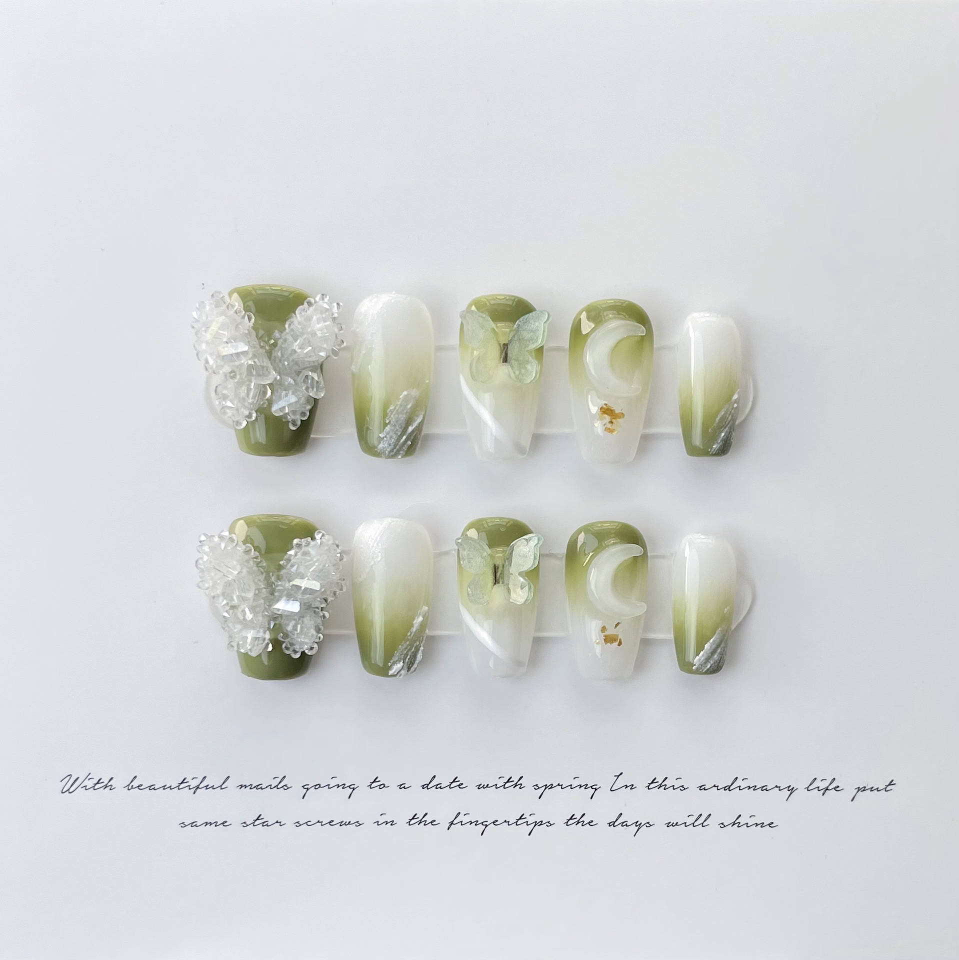 Sun Gradient Fresh Light Green Crystal Butterfly Nails