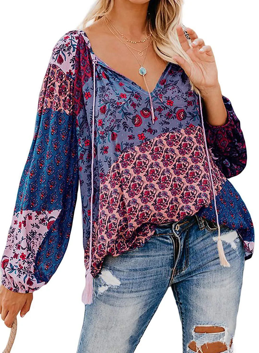 Churchf Churchf Autumn Floral Print Big V-Neck Long Sleeve Shirt Loose Rope Shirt Jacket Female