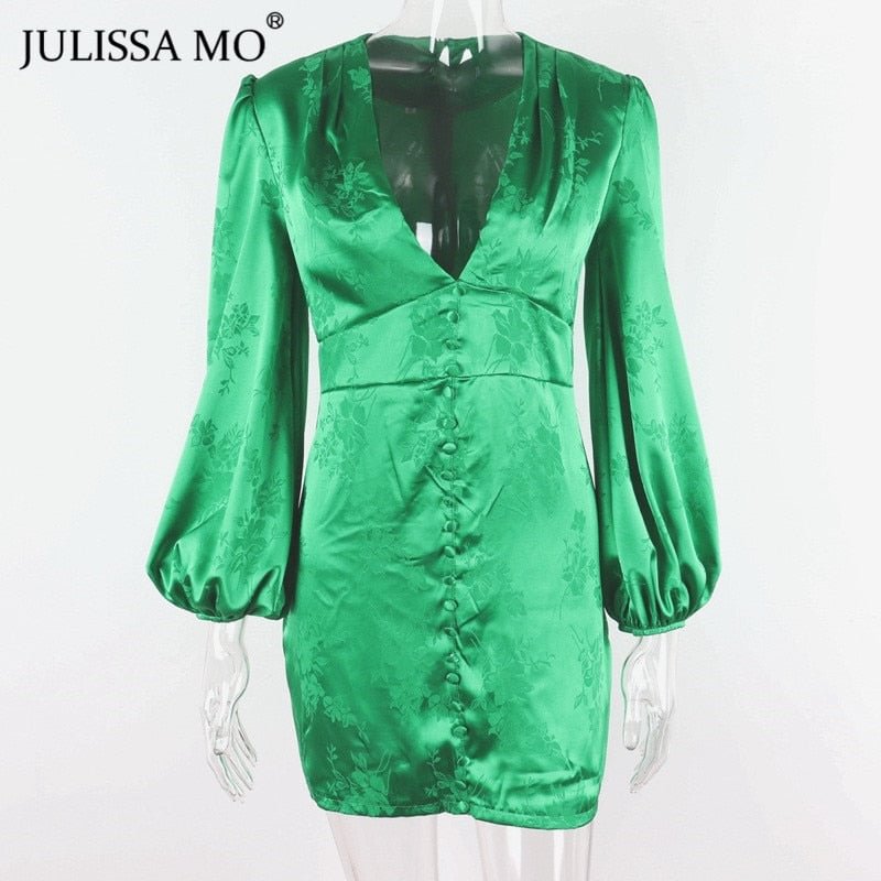 JULISSA MO Green V Neck Sexy Party Dress Women Autumn Lantern Long Sleeve A-line Dress Autumn Vintage Single Breasted Mini Dress