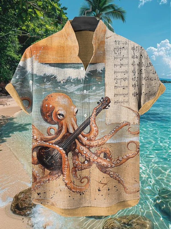 Men's Octopus Playing Guitar On The Beach Art Print Casual Shirt