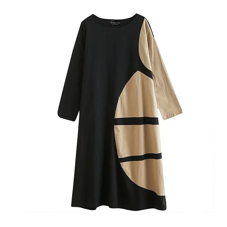 Casual Round Neck Asymmetrical Contrast Color Patchwork Loose Waist Long Sleeve Dress 