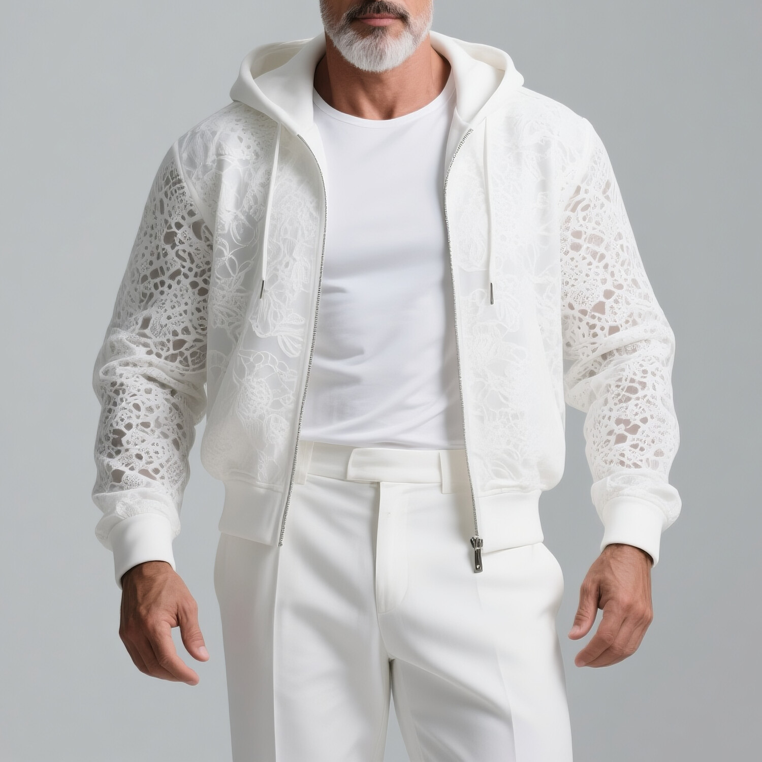 Men's Lace See-Through Long Sleeve Zipper Drawstring Hooded Jacket