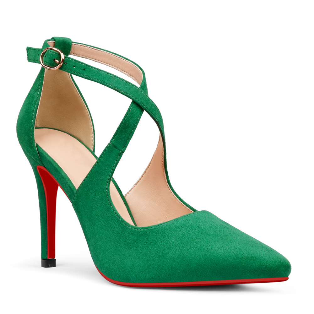 95mm Women's Pointed Toe Cross Strap Heels Ankle Strap Sandals Red Bottoms Pumps Shoes Suede-MERUMOTE