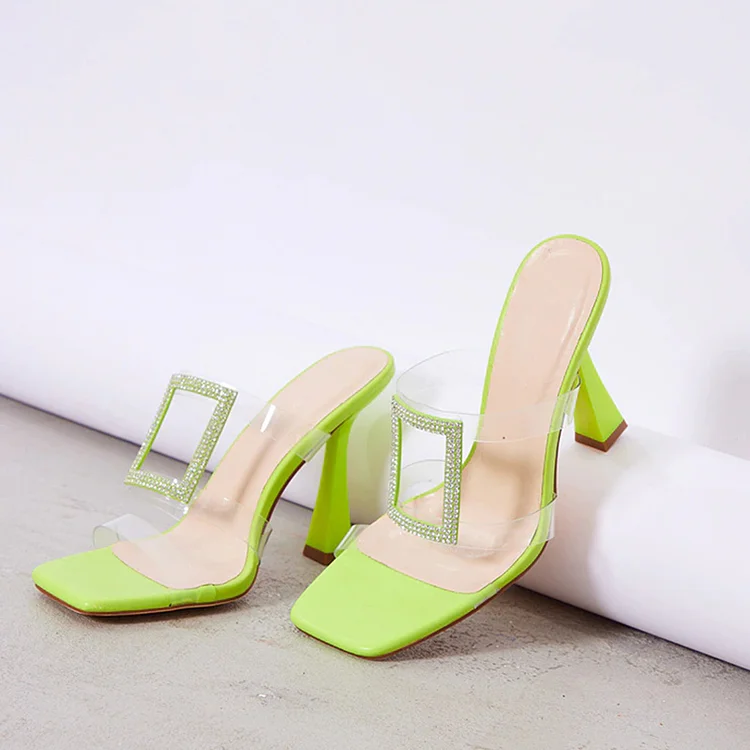 Neon Green Square Toe Flared Heels Clear Straps Rhinestone Mules Shoes |FSJ Shoes