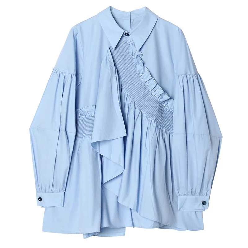 Toloer Women Blue Irregular Pleated Casual Blouse New Lapel Long Sleeve Loose Fit Shirt Fashion Tide Spring Autumn 2023 1DE2127