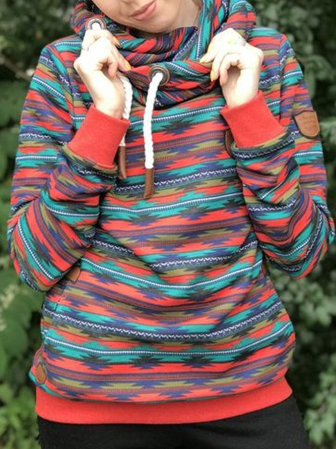 Red Casual Drawstring Cowl Neck Sweatshirt