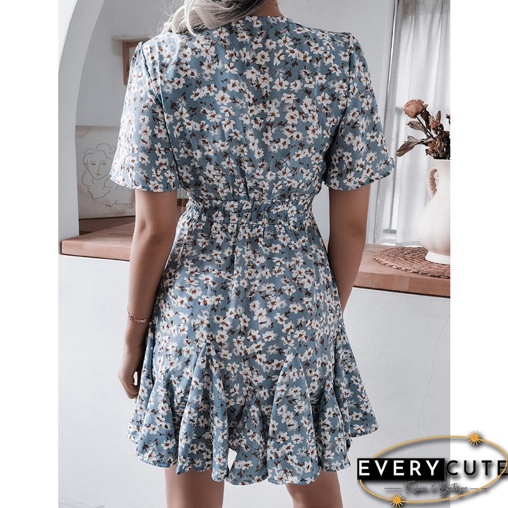 Light Blue Pleated Ruffle Detail V Neck Floral Dress