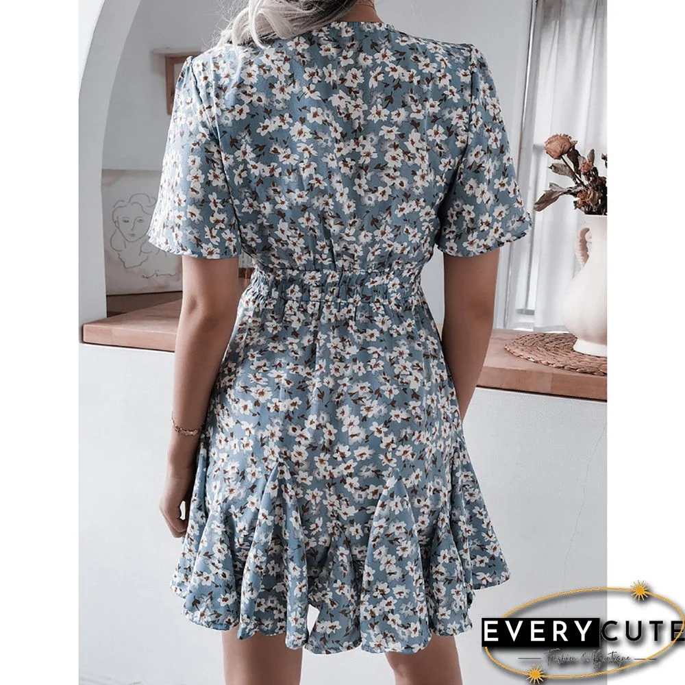 Light Blue Pleated Ruffle Detail V Neck Floral Dress