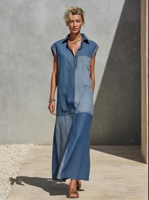 Women&rsquo;s Blue Color-Block Faux Denim Maxi Shirt Dress With Sleeveless Design