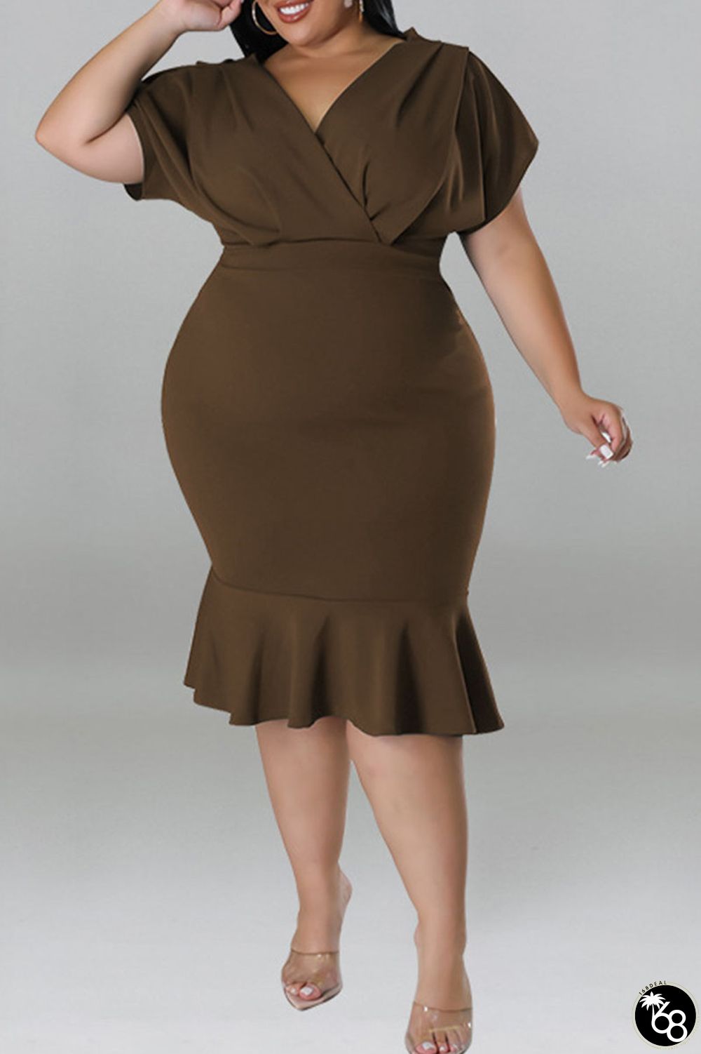 Dark Brown Casual Solid Patchwork Flounce V Neck One Step Skirt Plus Size Dresses | 168DEAL