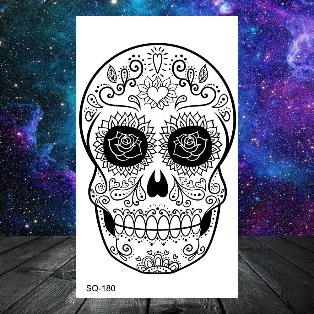 Black Skull Rose Flower Temporary Tattoos For Women Adult Girls Kids Snake Scorpion Wolf Tree Fake Tattoo Finger Ear Tatoos