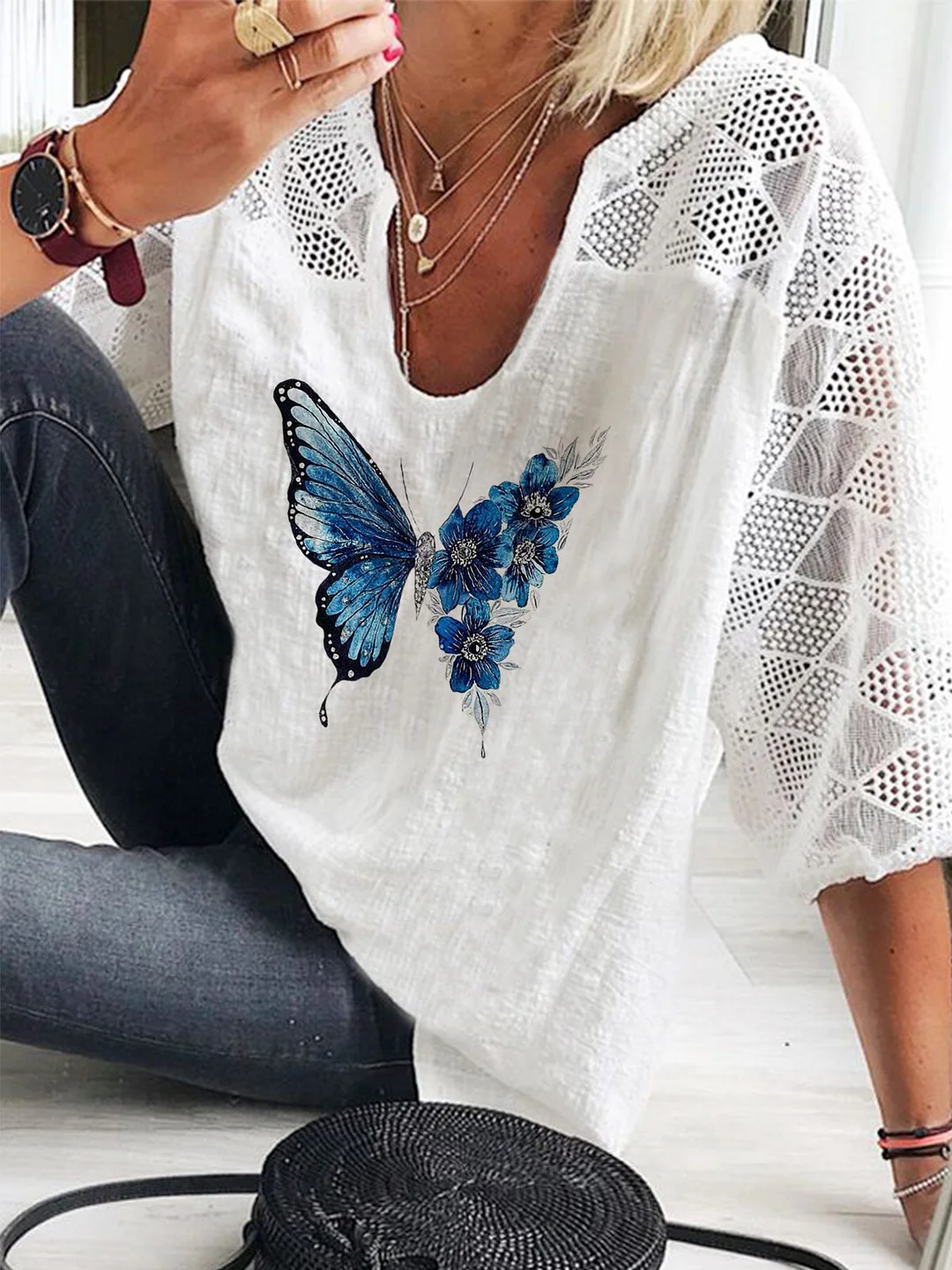 Butterfly Long Sleeve Casual V Neck Tunic Top