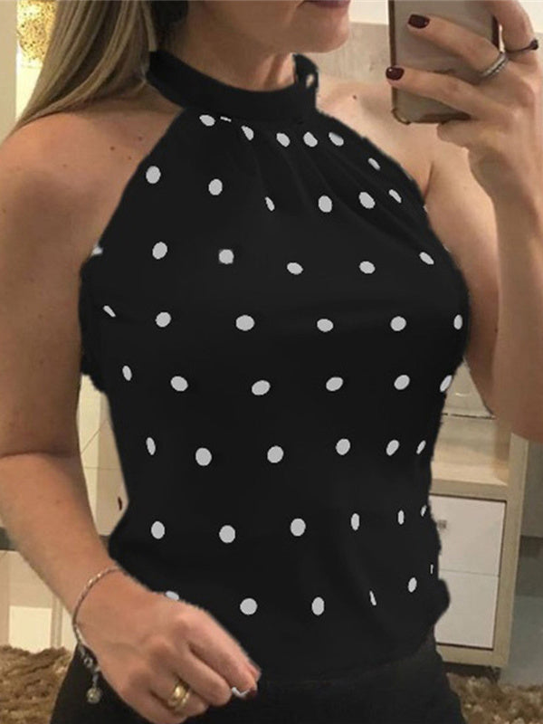 Women Sleeveless Scoop Neck Polka Dot Printed Tops