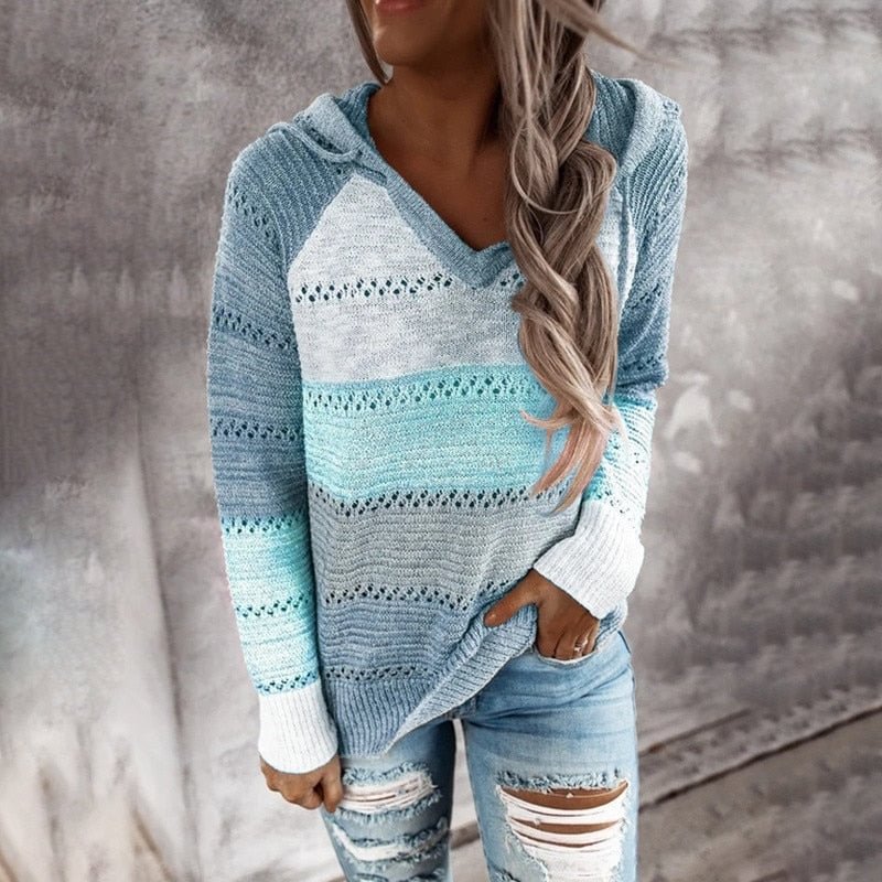 Patchwork Knitted Hoodies Casual V-Neck Long Sleeve Women Sweater Sweatshirt Autumn Plus Size Striped Hoody Woman Knit Pullover