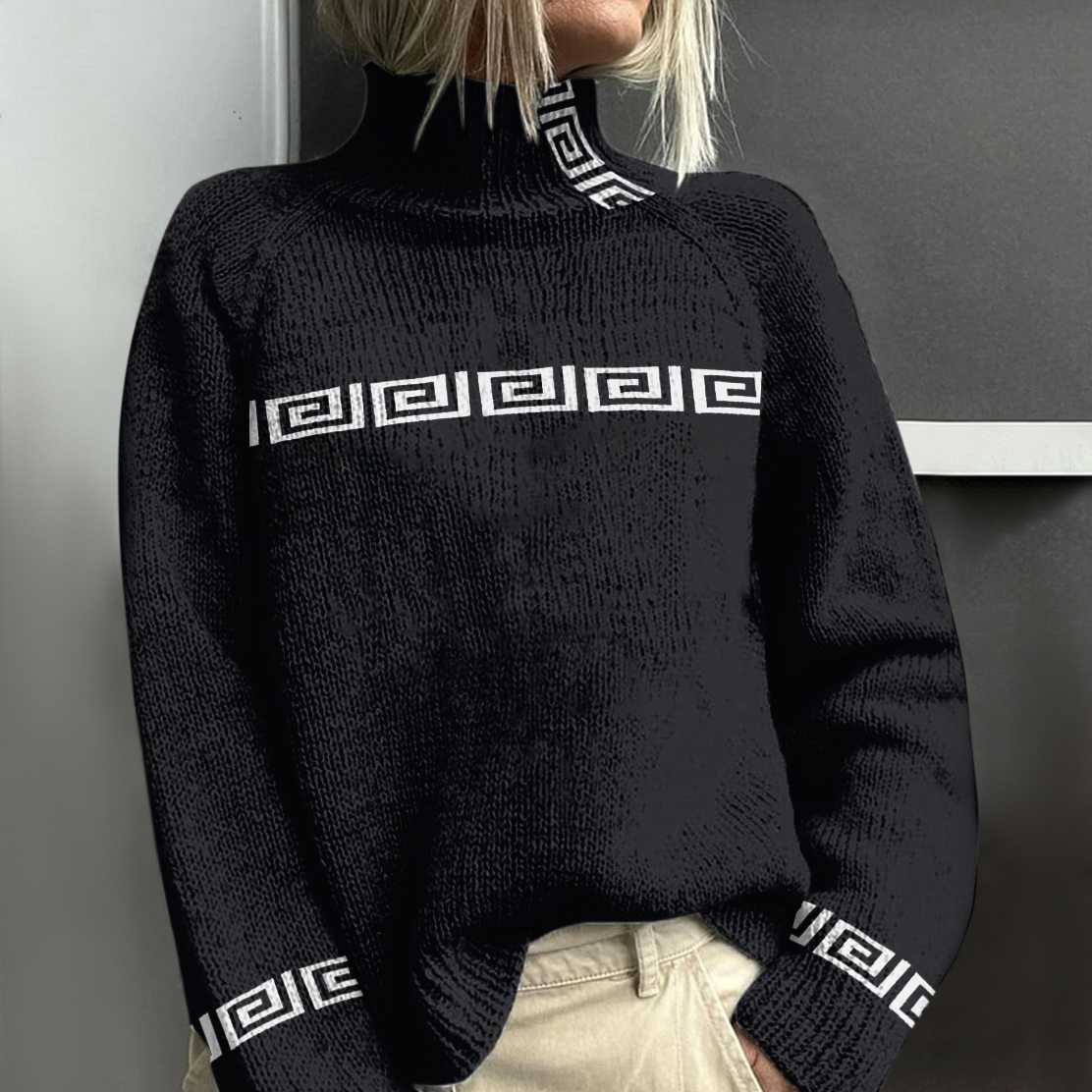 Comstylish Greek Key Pattern Cozy Knit Turtleneck Sweater