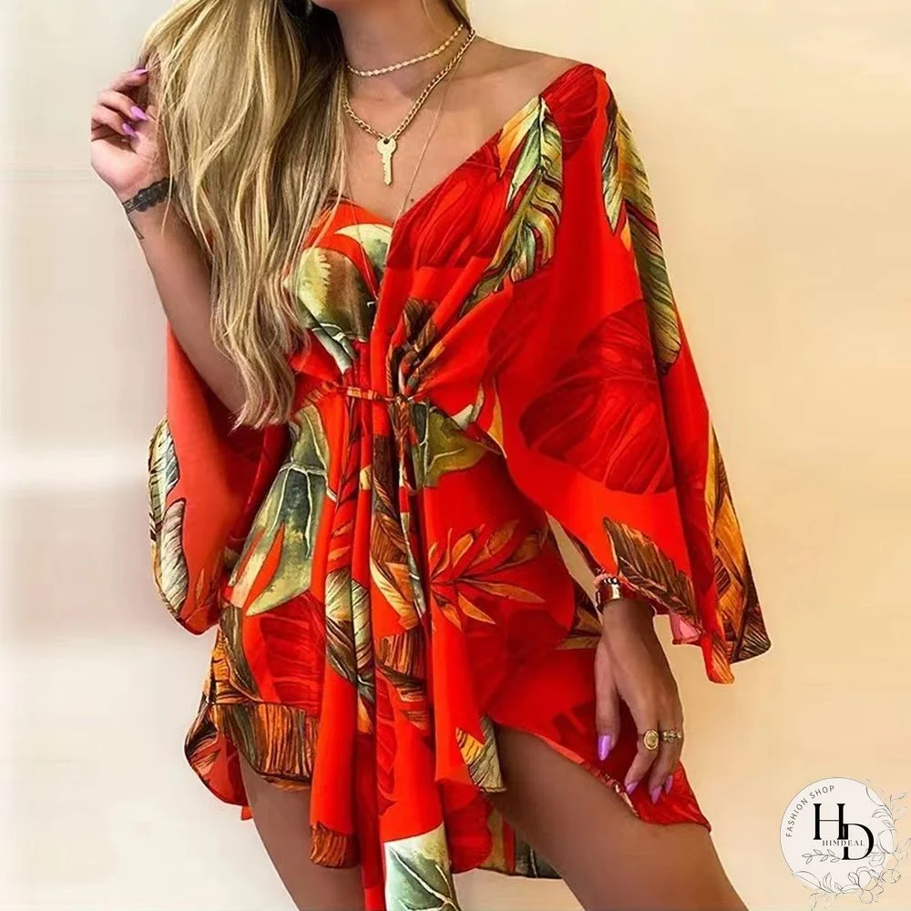 New Summer Beach Elegant Women Dresses Sexy V Neck Lace-up Floral Print Mini Dress Casual Flared Sleeves Ladies Party Dress