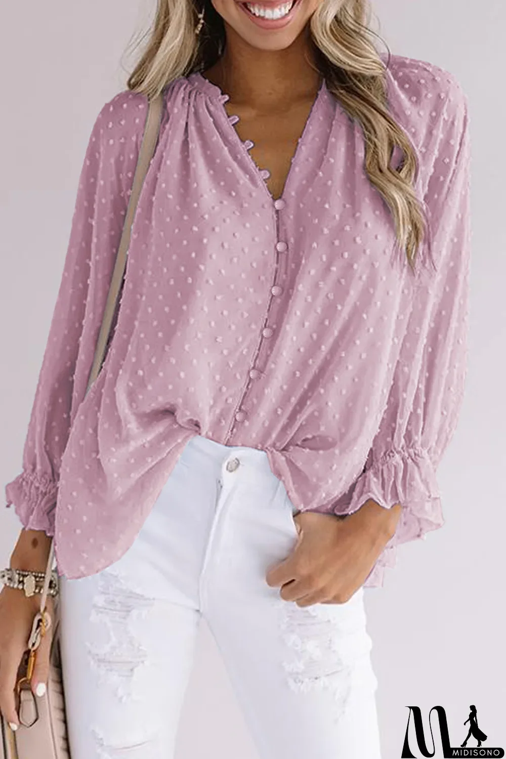 MidiSono - Pink Loose Button Swiss Dot Shirt