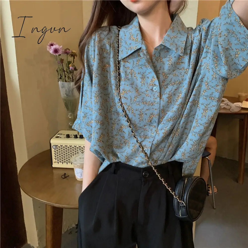 Ingvn - Chiffon Shirts Women Vintage Turn Down Collar Print Short Sleeve Blouse Summer Korean