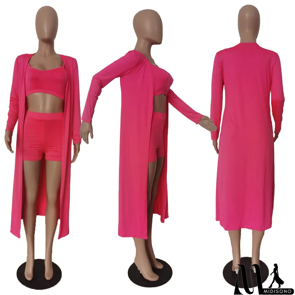 MidiSono - Solid Cami Top+Shorts+Long Cloak 3 Piece Sets