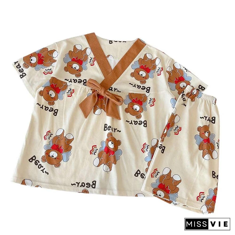 Cute Cartoon Bear Print T-shirt Shorts Pajamas Two Pieces Set