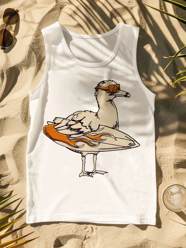 100% Cotton Men's Seagull Surfing Vacation Art Print Tank Top