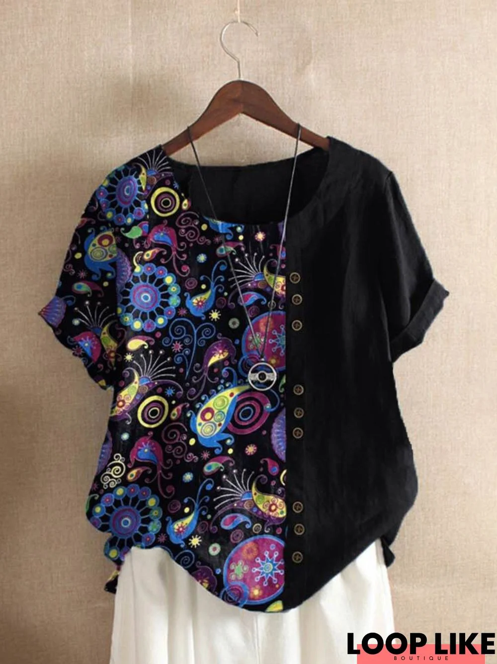 Black Floral-Print Short Sleeve Tops