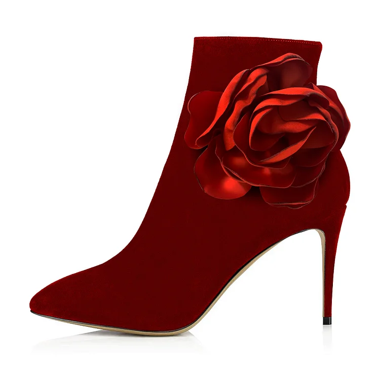 Suede Red Flower Stiletto Booties with High Heels. Vdcoo