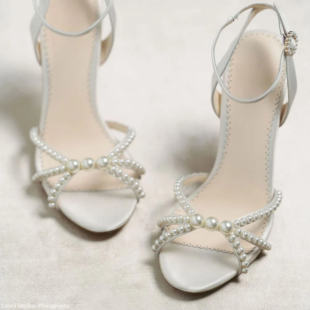 YDN White Satin Open Toe Ankle Strap Chunky Heel Pearl Sandals