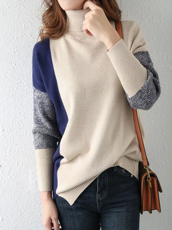Casual Loose Color Block High-Neck Sweater - yankia