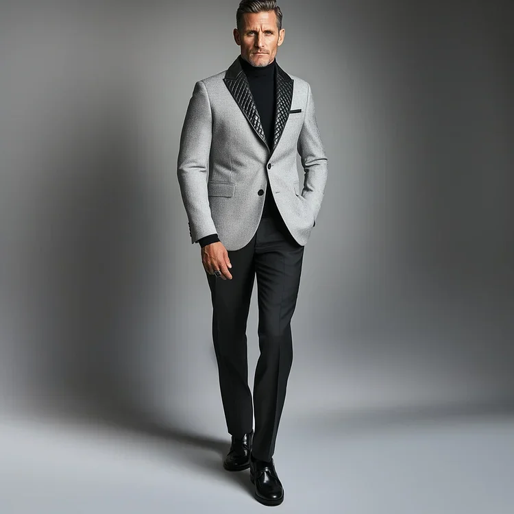 Mens Business Quilted PU Leather Patchwork Lapel Collar Two Butto-inspireuse