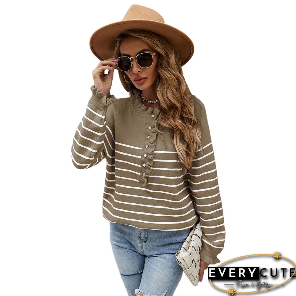 Khaki Striped Print Ruffles Button Pullover Sweater