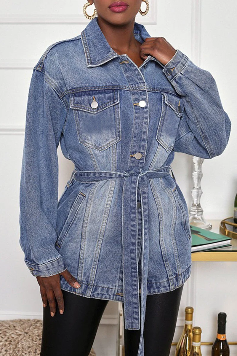 Fashion Casual Solid Split Joint Turndown Collar Long Sleeve Regular Denim Jacket