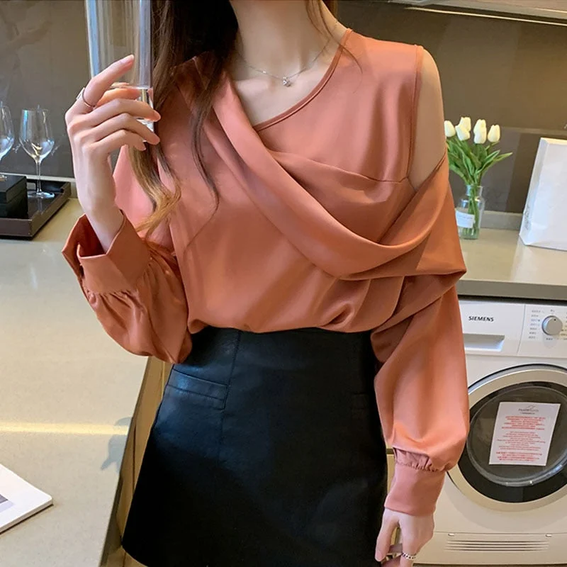 Spring Autumn Elegant Satin Blouse Women Off-Shoulder Long Sleeve V-Neck Slim Chiffon Blouse Solid OL Tops Chemisier Femme 11202