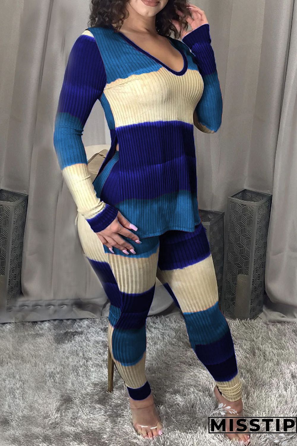 Multi-color Casual Milk Fiber Print V Neck Long Sleeve Regular Sleeve Regular Two Pieces
