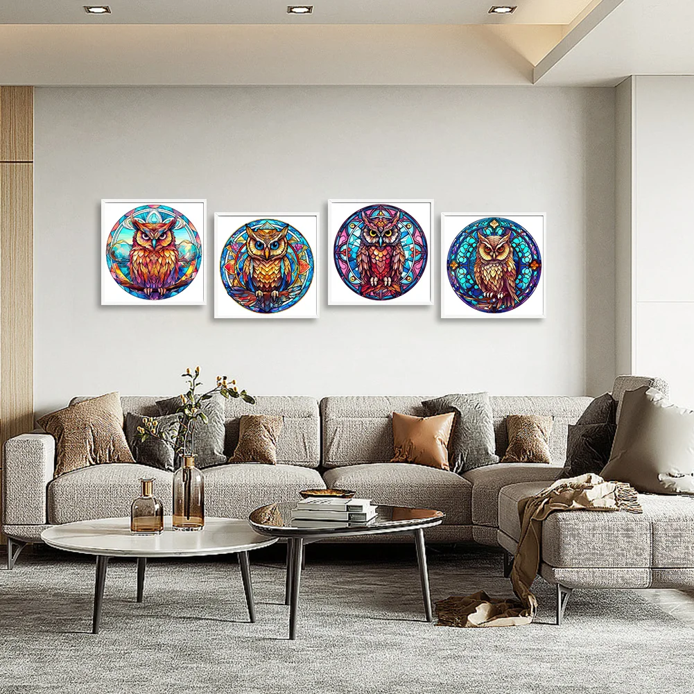 4pcs/Set Diamond Painting - Full Round Drill - Stained Glass Owl(Canvas|30*30cm)