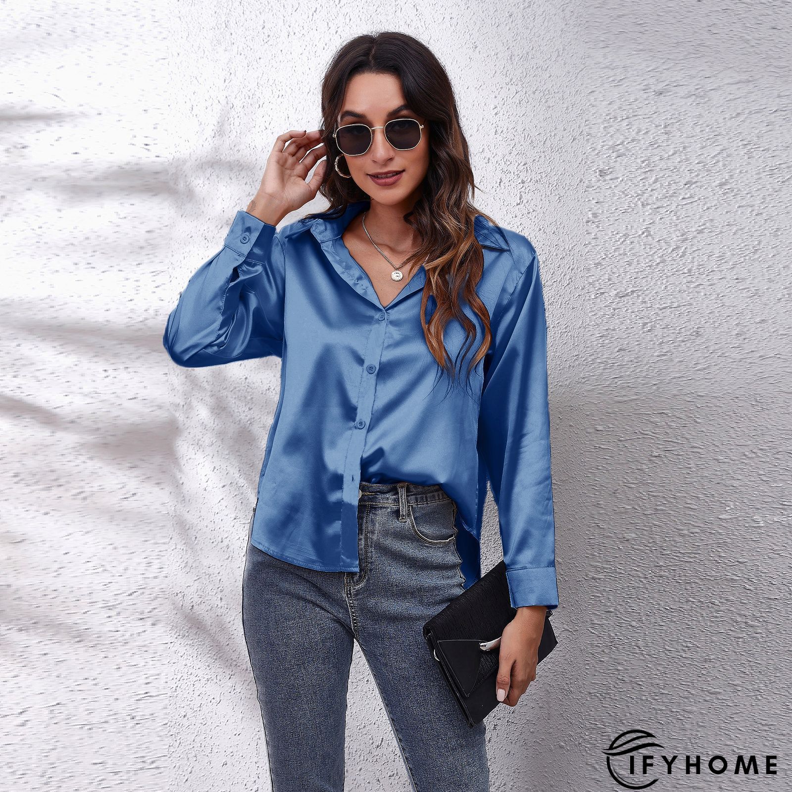 Women White Long Sleeve Collar Solid Casual shirt | IFYHOME