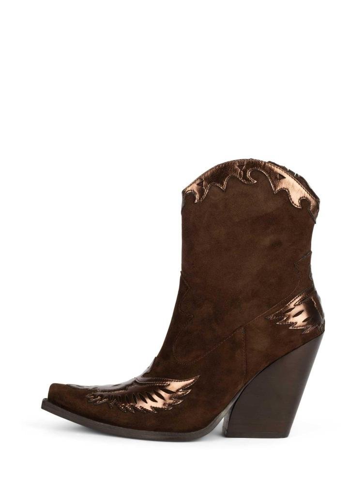 Flame Wings Metallic Bright Nubuck Patchwork Pointed-Toe Chunky Heel Booties