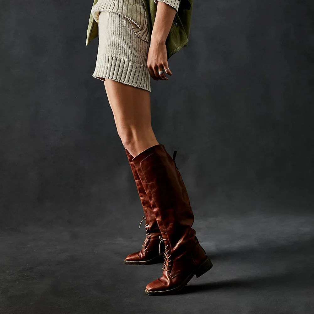 Lace-Up Vegan Leather Square Toe Flat Knee High Boots in Brown