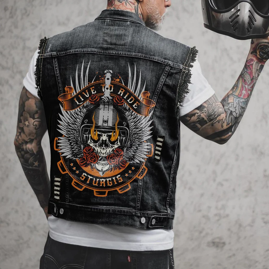 LIVE TO RIDE STURGIS Helmet Skull Print Men's Denim Vest Jacket