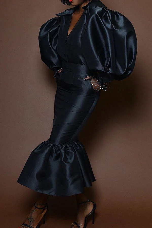 Solid Color Dramatic Puff Sleeve Dress Suit