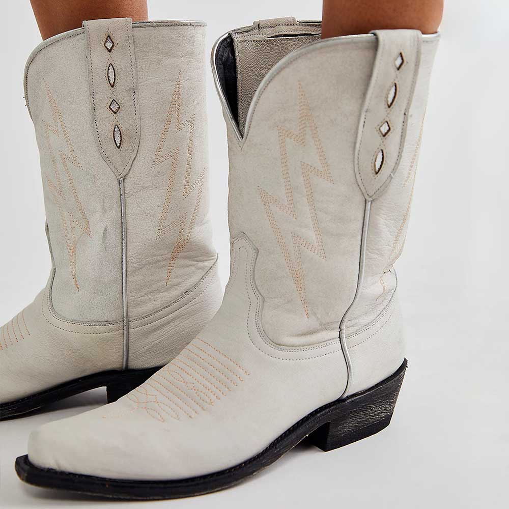 White Lightning Stitching Snip Toe Chunky Heel Mid-Calf Boots Nicepairs