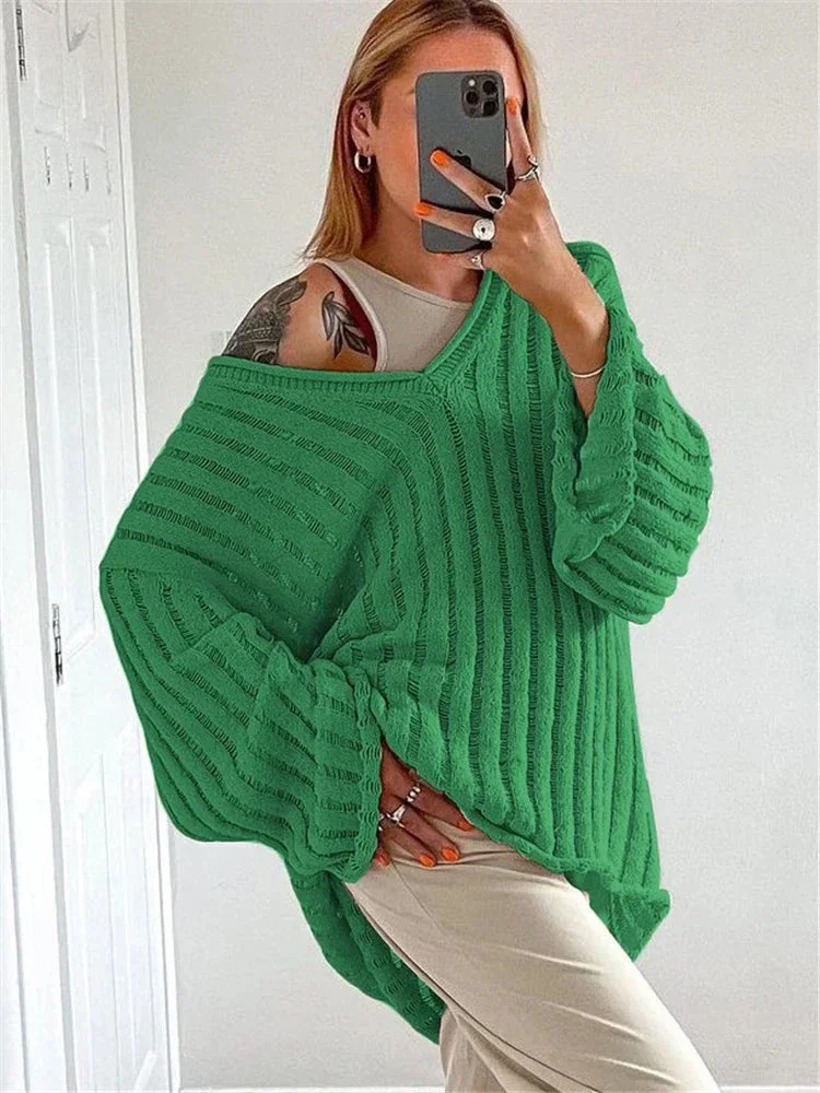 Oocharger V-Neck Oversized Women's Sweater Long Sleeve Hollow Out Striped Knit Tops Winter 2024 Trend Casual Loose Pullover Sweaters