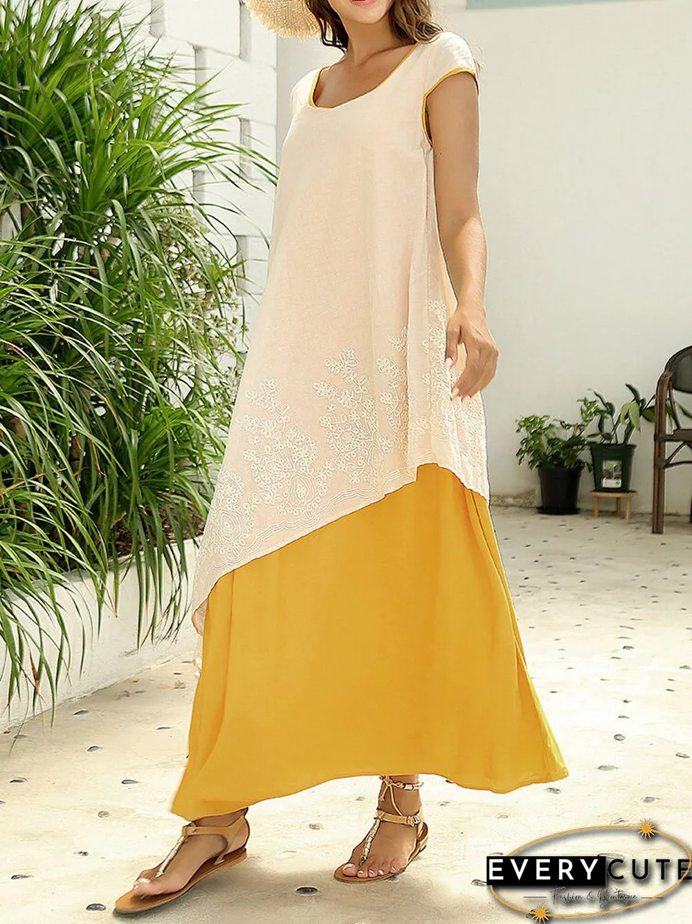 Vintage Floral Embroidered Sleeveless Two Layers Long Maxi Dresses