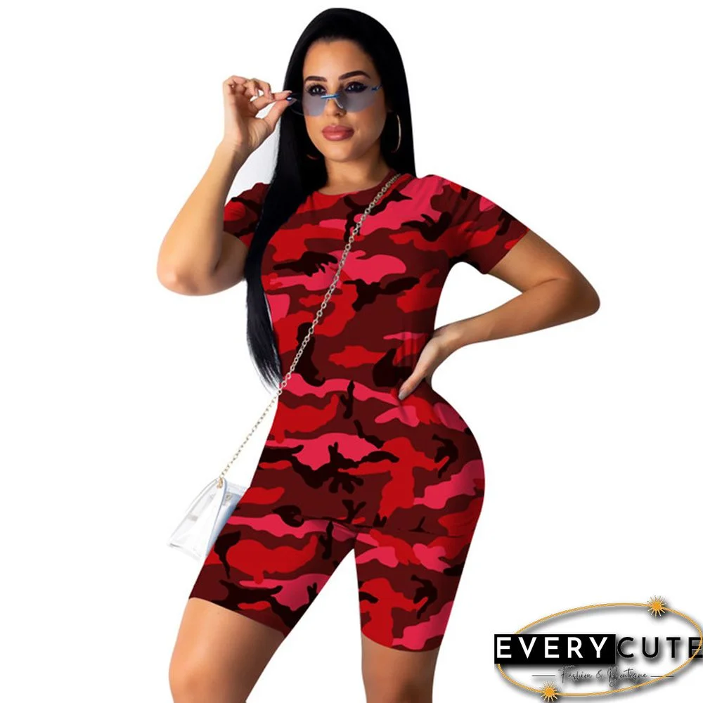 Red Camouflage Print Short Sleeve Shorts Set
