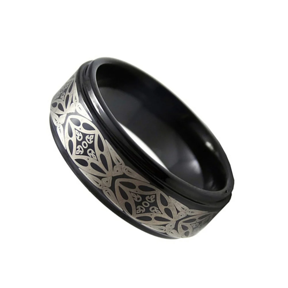 6MM 8MM Mens Black Tungsten Carbide Rings Laser Patern Polished Step Edges