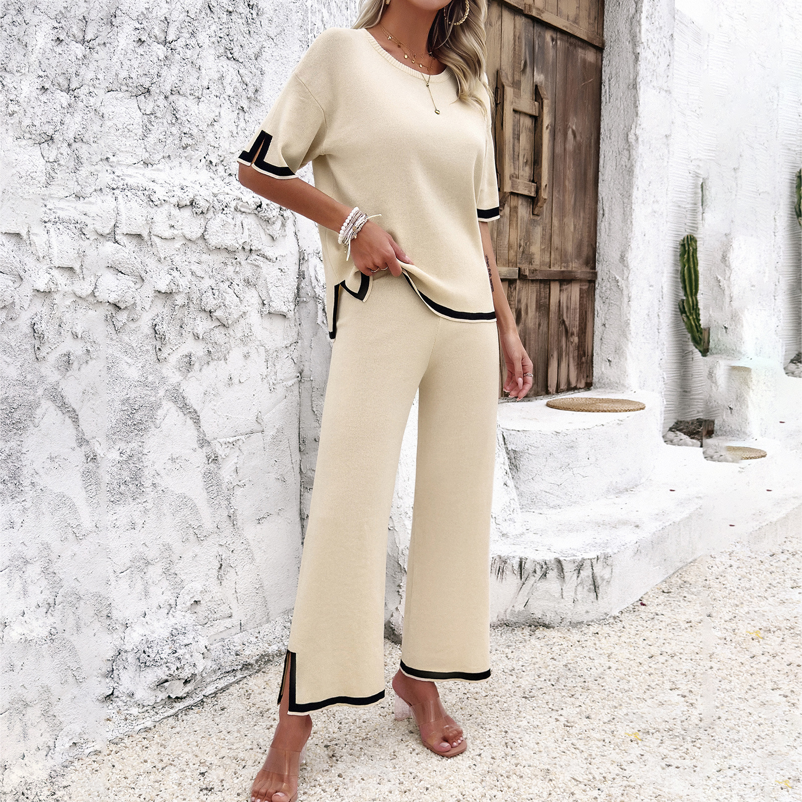 Mature Women Fashion Temperament Leisure Short Sleeve Knitting Suit